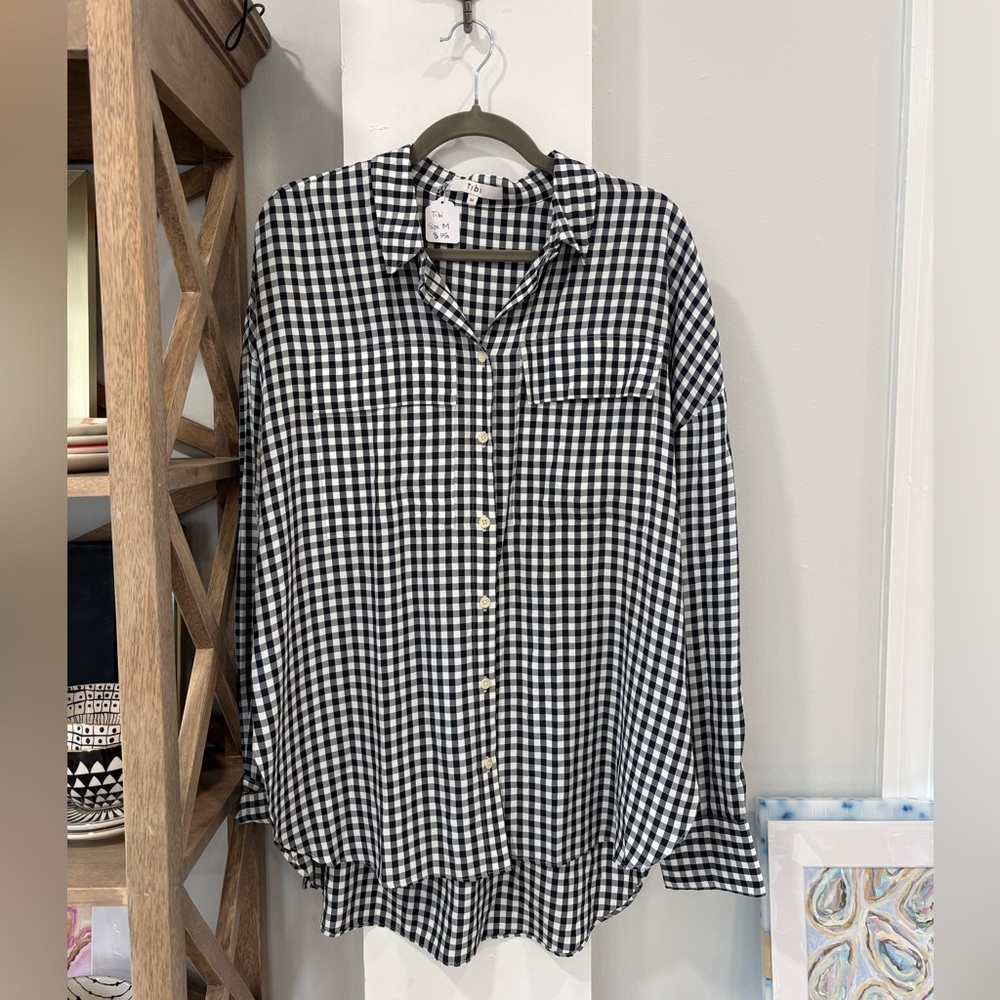 Tibi Navy and White Gingham Button-Front Shirt